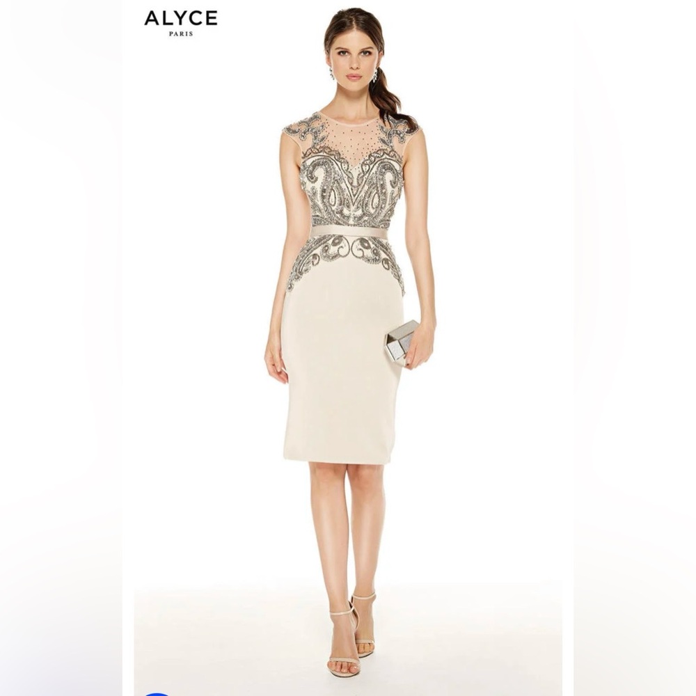 Alyce Paris Beige/Nude Mother of The Bride Dress Knee Length Embellishment